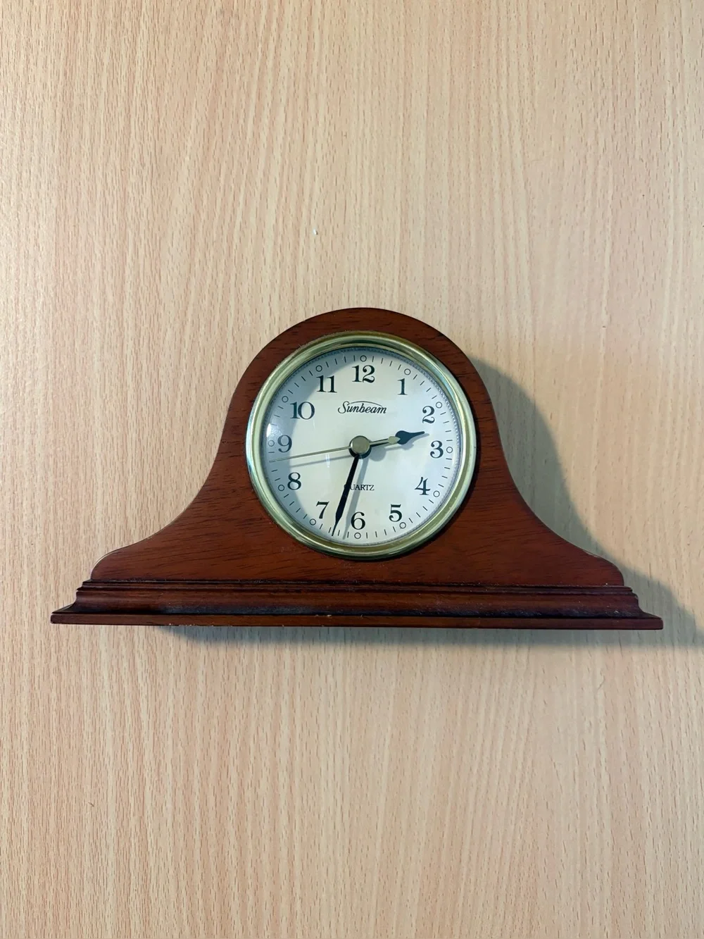 Sunbeam Vintage Wood Mantle Clock Quartz 8in Decor Battery Powered